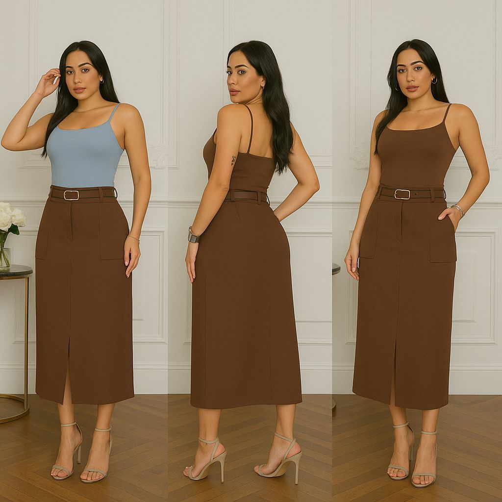Saia Midi Alfaiataria Com Cinto Fenda Bolso Frontal  Moda Evangélica Festa Elegante Estilosa Luxo