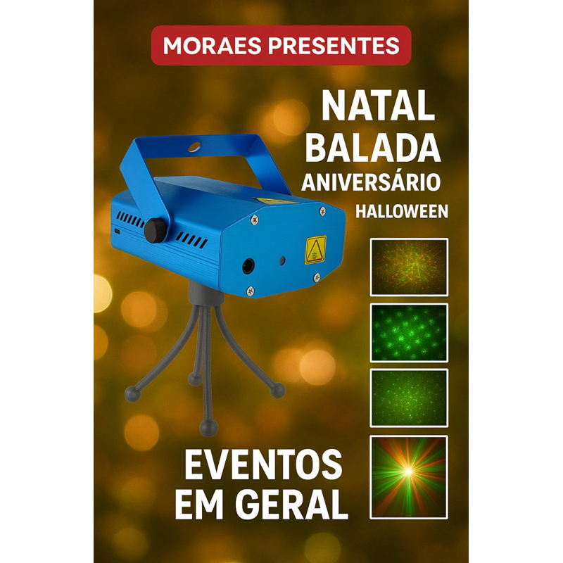 Projetor de luz laser em cores vermelho e verde. 	•	Ideal para festas, eventos, baladas e decorações.