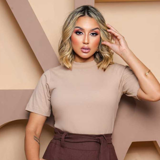 Blusas T-shirt Gola Alta Blusa  Feminina Gola Alta em Ribana Camiseta básica 100% Algodão Premium em Oferta na Shopee