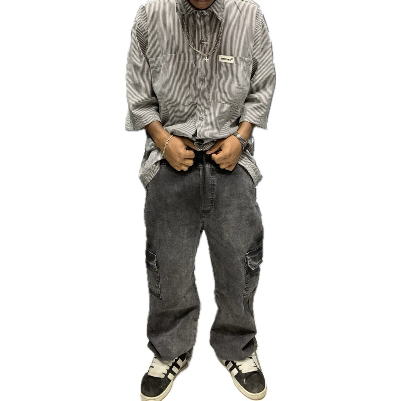 Calça Cargo masculino feminino Streetwear  Elástico Cordão Skatista Jeans Claro Cos preta estonada