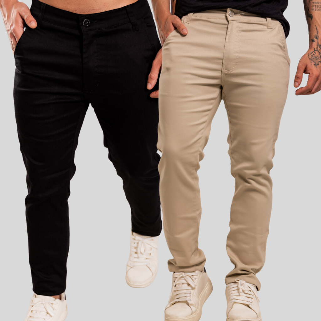 Kit 2 Calça Masculina Sarja Slim - Elastano - Esporte Fino
