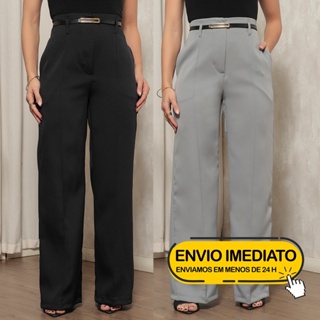 KIT 2 calça social  alfaiataria pantalona feminina cintura alta com cinto ziper na lateral em Oferta na Shopee