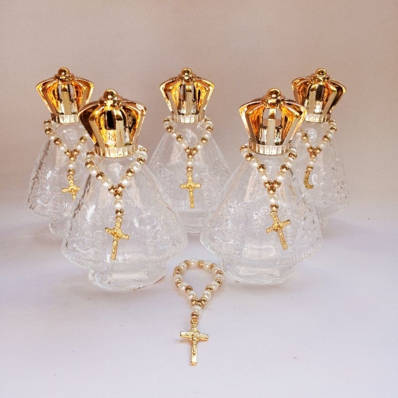 5 Frascos de Vidro Nossa Senhora Aparecida com Mini Terço Lembrancinha para Batizado