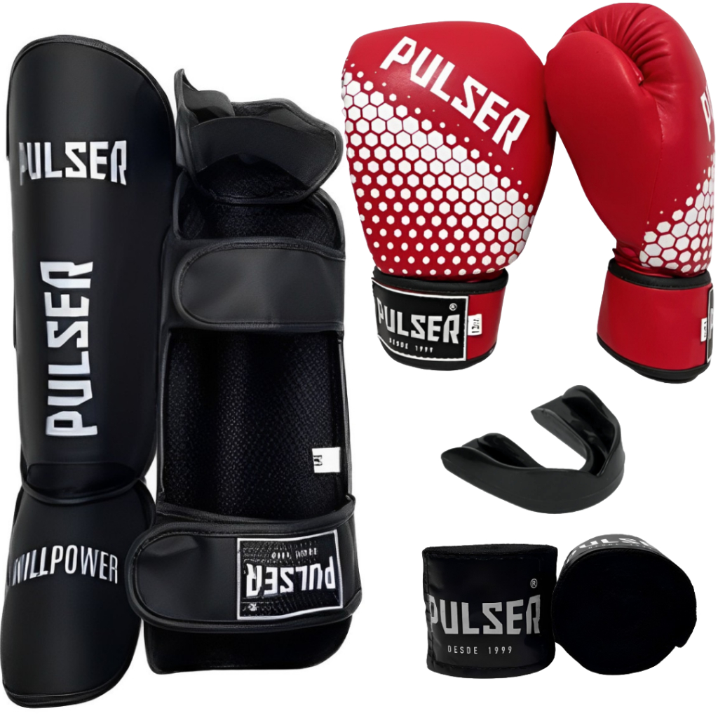 LUVA MUAY THAI VERMELHA HEXA BRANCA + CANELEIRA MUAY THAI + BANDAGEM 4M + PROTETOR BUCAL - PUSLER