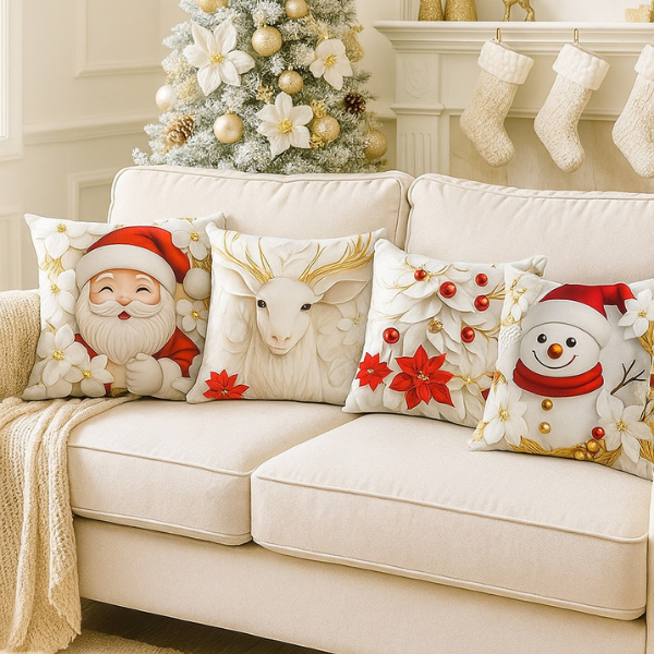 Kit 4 Capas de Almofada Natal com Zíper Sublimada 45x45cm Capa para Almofada Natalina Microfibra
