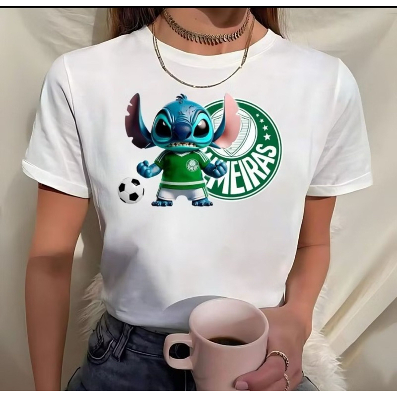camiseta do Stitch do Palmeiras time verde  verdão  feminino esporte  masculino campo branco  e preto camiseta unissex