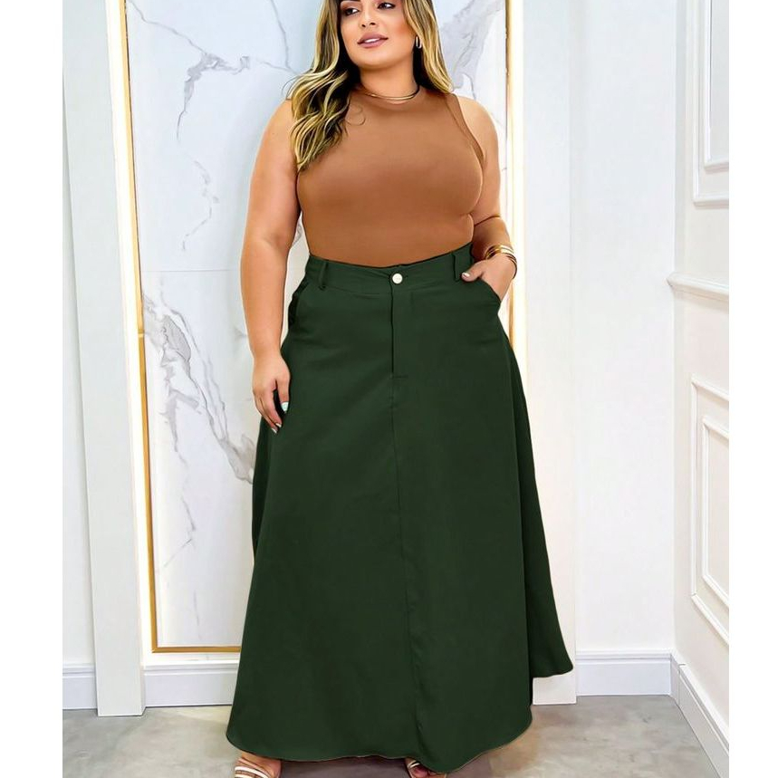 Saia Feminina Longa PLUs SIZE Com Bolso e Zíper  Evangélica Alfaiataria Cintura Alta. HBD  - MODA VERÃO