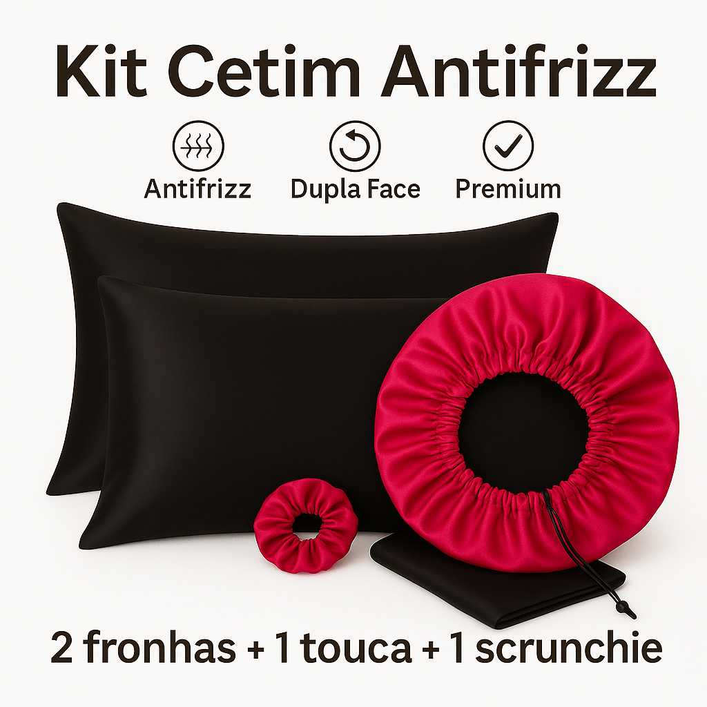 Kit Cetim Antifrizz – 2 Fronhas + Touca Regulável Dupla Face + Scrunchie Premium em Oferta na Shopee