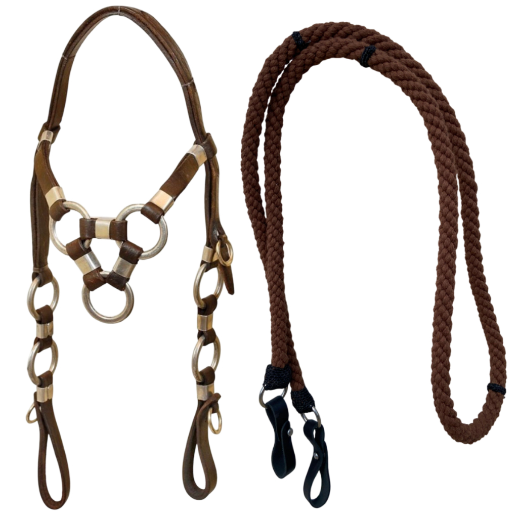 Kit Cabeçada 3 Argolas Em Couro Chapeada + Redea de Lã Torcida Grossa Reforçada Para Cavalo em Oferta na Shopee