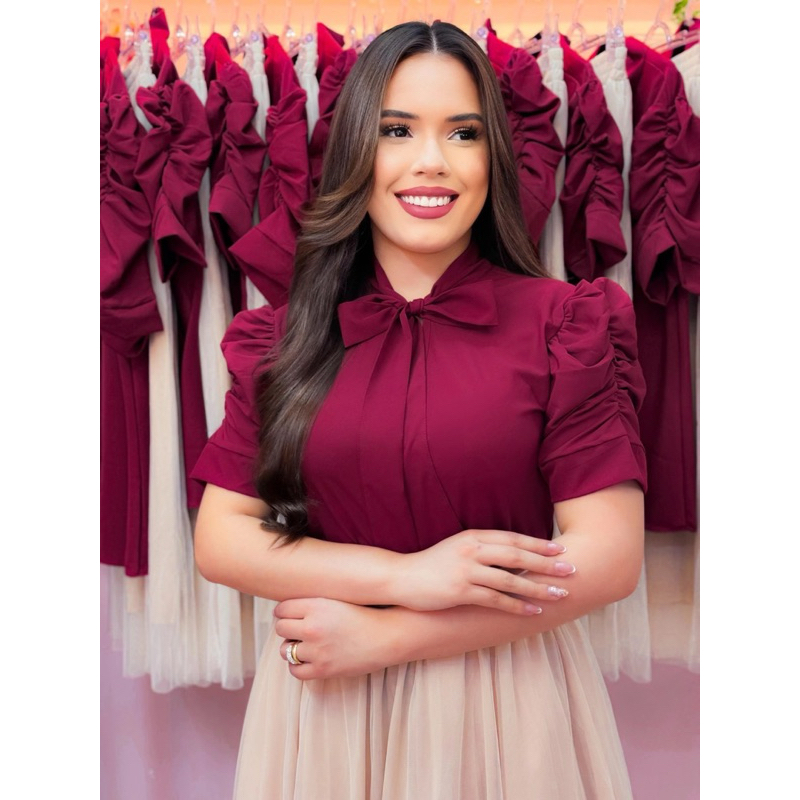 Blusa Laço Moda Feminina Casamento Moda Cristã Moda Evangélica Manga Princesa Modesto Elegante Luxo Preto Comportado