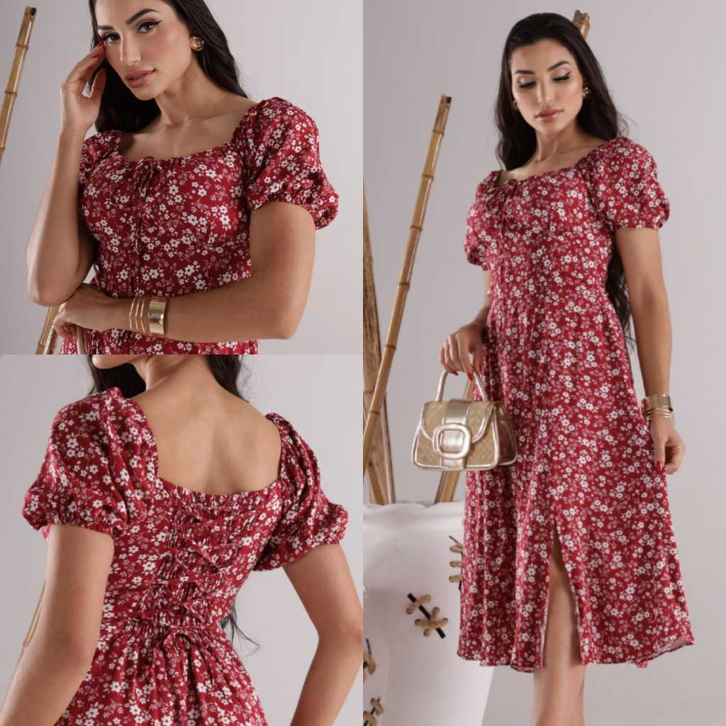 🌸 Vestido Feminino Floral Midi com Manga Curta e Forro – Tecido Viscolinho 🌿✨ em Oferta na Shopee