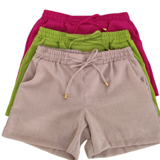 Short feminino de linho com cordão ajustável – cintura elástica – verão em Oferta na Shopee