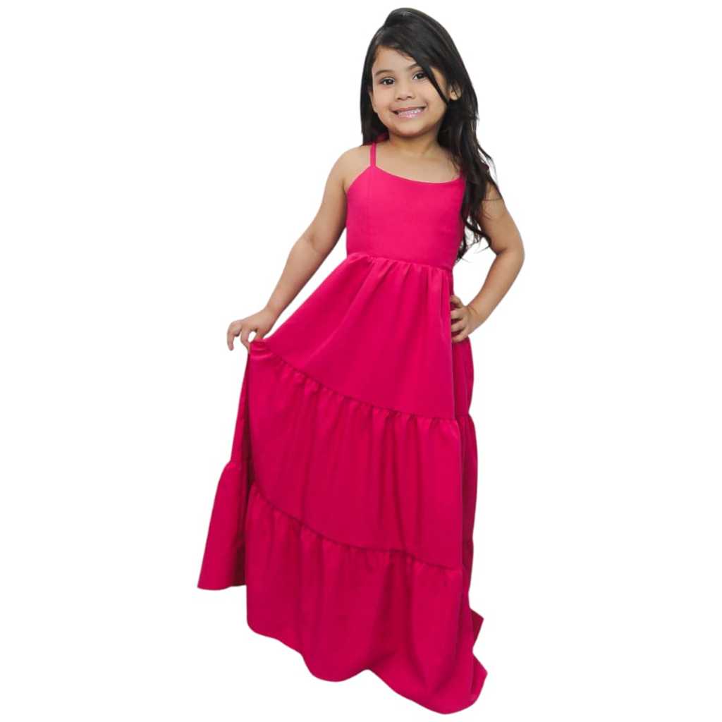 Vestido longo liso infantil e juvenil Maria Maria alça amarração para meninas e adolescentes