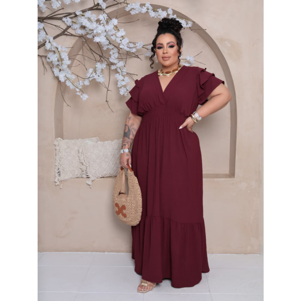 Vestido Feminino Longo Plus Size Decote V Babado Na Saya 3 Marias Com Manga Moda Verao
