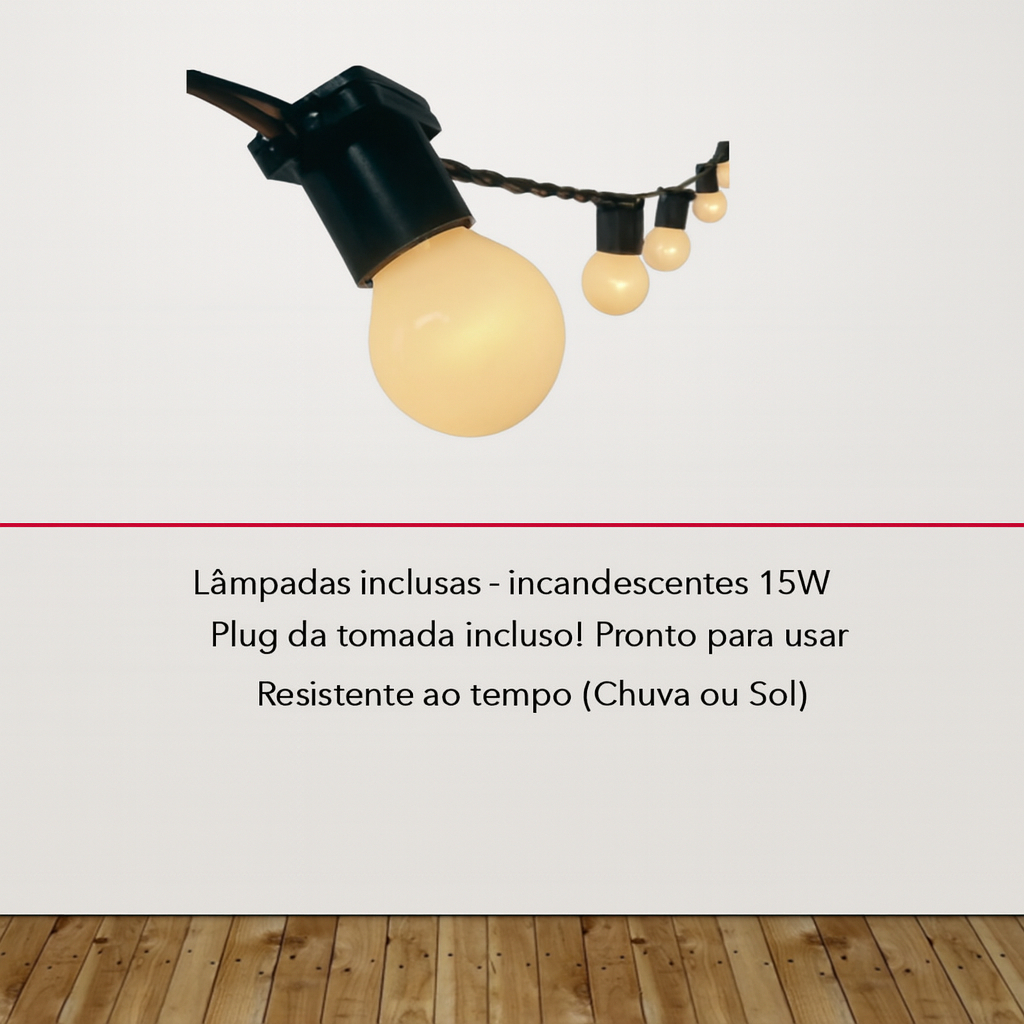 Detalhes do Varal de luz para área interna/externa com 25m + 25 LÂMPADAS LEITOSAS INCLUSAS 15w 127V e 220V