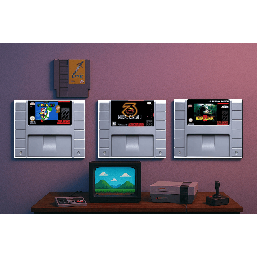 KIT 3 PlacaS Decorativa Retro Games Fita Super Nintendo NES – Quadro em MDF 20x28 cm  + Fita Dupla Face Inclusa