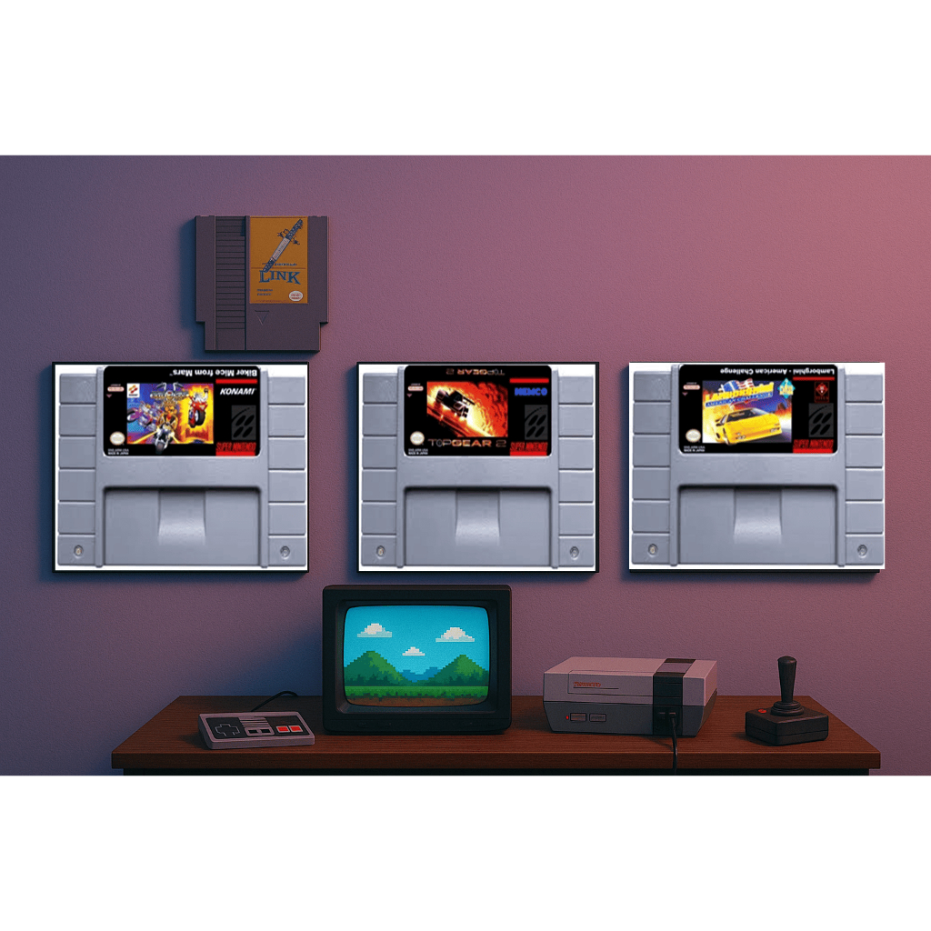 KIT 3 Quadros Decorativos Retros Super Nintendo NES – Placa em MDF 20x28 cm com Fita Dupla Face