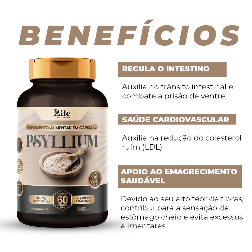 Psyllium 100% Puro Concentrato Life In 60 Cápsulas | Natural Rico em Fibras e Auxilia na Saciedade. em Oferta na Shopee