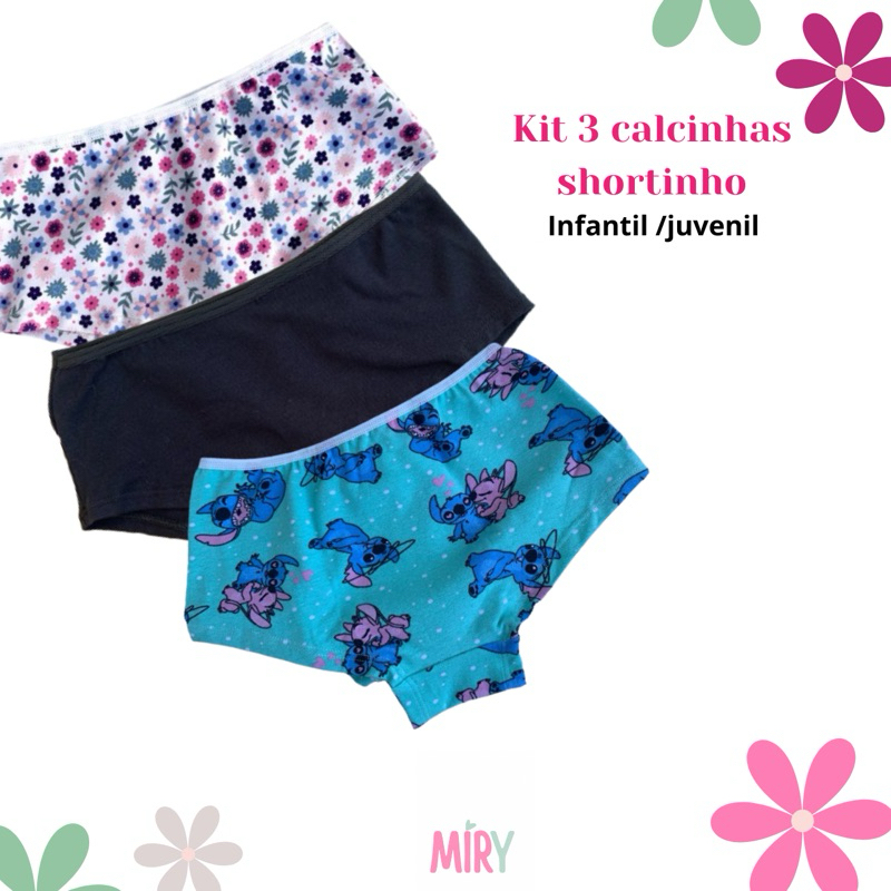 Kit 3 Calcinha Box Shortinho FEMININA MENINA INFANTIL JUVENIL Boxer  Confortável Criança Estampas Sortidas
