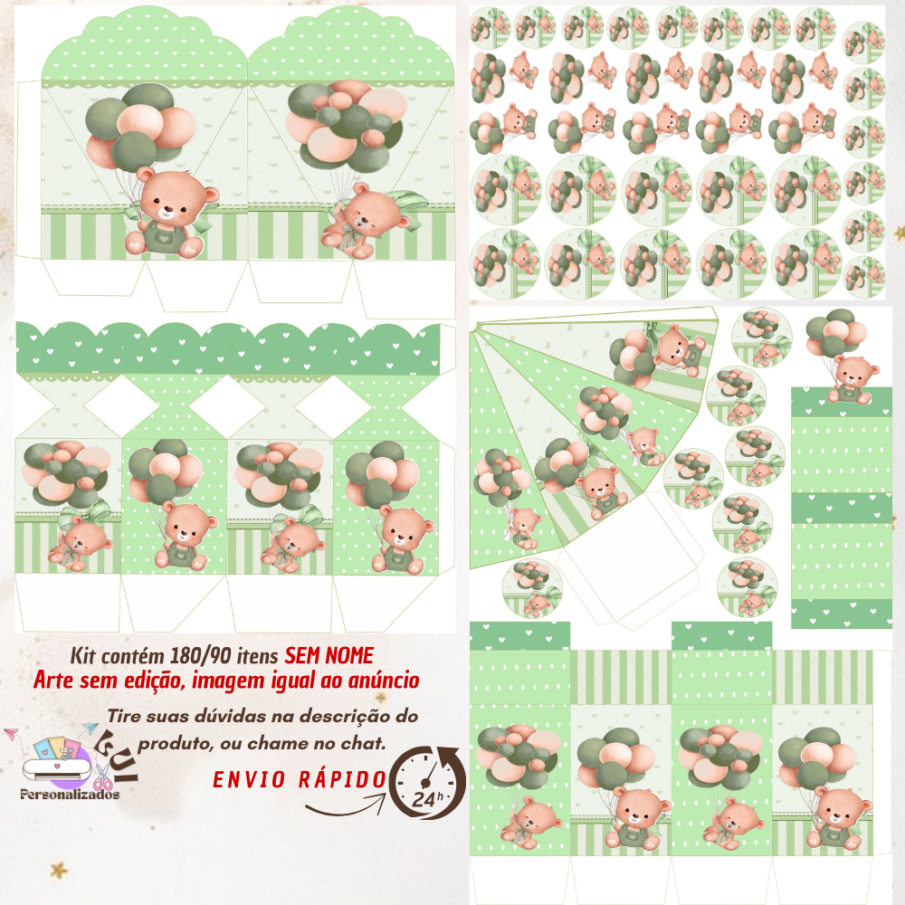 KIT COM 180/90 ITENS LEMBRANCINHAS S/COM NOME E IDADE TEMA: CHA DE BEBÊ URSINHO VERDE  (Envio Rápido)