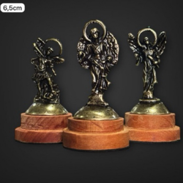 IMAGEM SÃO MIGUEL SÃO GABRIEL SÃO RAFAEL OURO ENVELHECIDO PEDESTAL EM MADEIRA