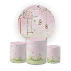 Kit Capa Painel Redondo + Trio Cilindro Decoração Jardim Verde Borboletas Festa Comemoração Veste Fácil