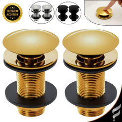 Kit 2 Válvulas Ralo Pia Click Inox Para Cuba Banheiro Lavatório 7/8 Luxo 3cm Dourada Inteligente