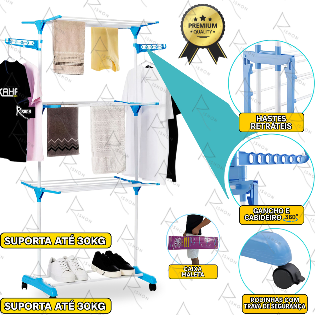 Varal De Chão 3 Andares Dobravel Vertical Cor Prateado Não Enferruja Rishon Com Caixa Maleta