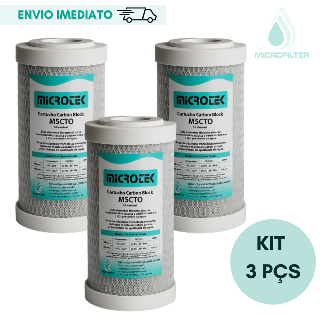 Filtro Refil Carbon Block 5" Carvão Ativado Purificador Retenção de Cloro Kit 3 Pçs Reposição em Oferta na Shopee