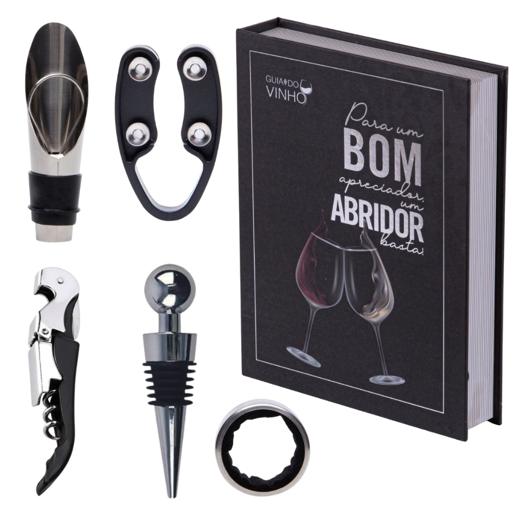 Kit 5 Acessórios Para Vinho Aço Inox Livro Caixa Decorativo Para Abrir Guardar Vinho Adega Saca Rolhas Bico Dosador Anel