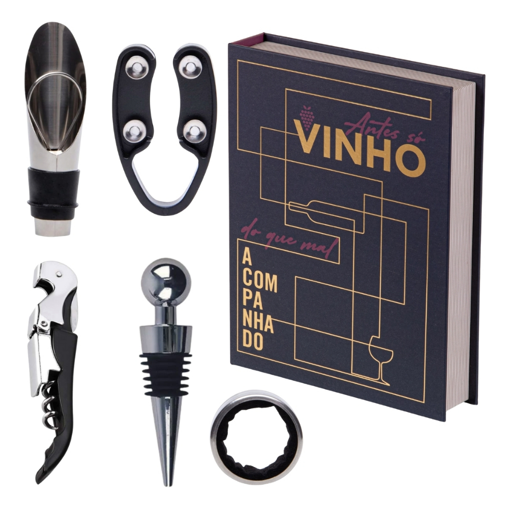 Kit 5 Peças Acessórios Pára Vinho Em Aço Inox Livro Caixa Antes Só Vinho Com Tampa Bico Dosador Saca Rolhas Anel