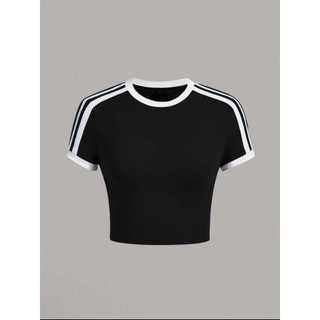 Camiseta Casual De Algodão De Estilo Justo Cruzada e de Gola Redonda Em Contraste Branco Verão Feminina