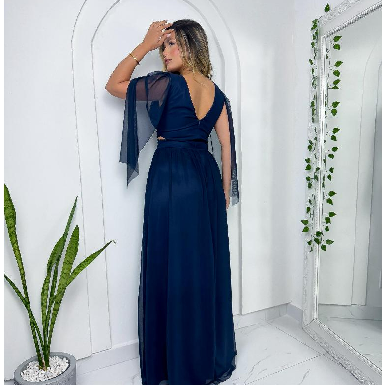 vestido longo feminino Elegante com capa ideal para Festa Luxo Madrinha Formatura Decote Profundo