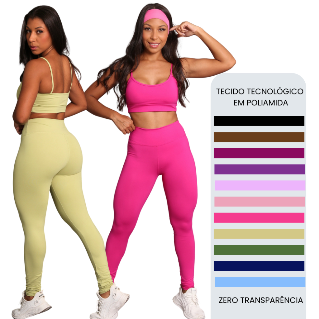 Conjunto Poliamida UV50+ Calça Leg Colorida e Top Feminino com Bojo para Academia e Treino Academia