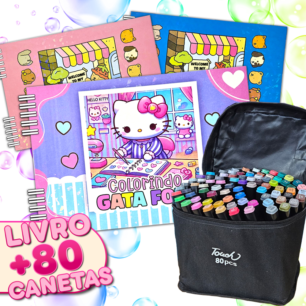 Kit de Colorir CADERNO PREMIUM + CANETAS MARCADORAS Alta Qualidade 50 Folhas 180g Com Desenhos