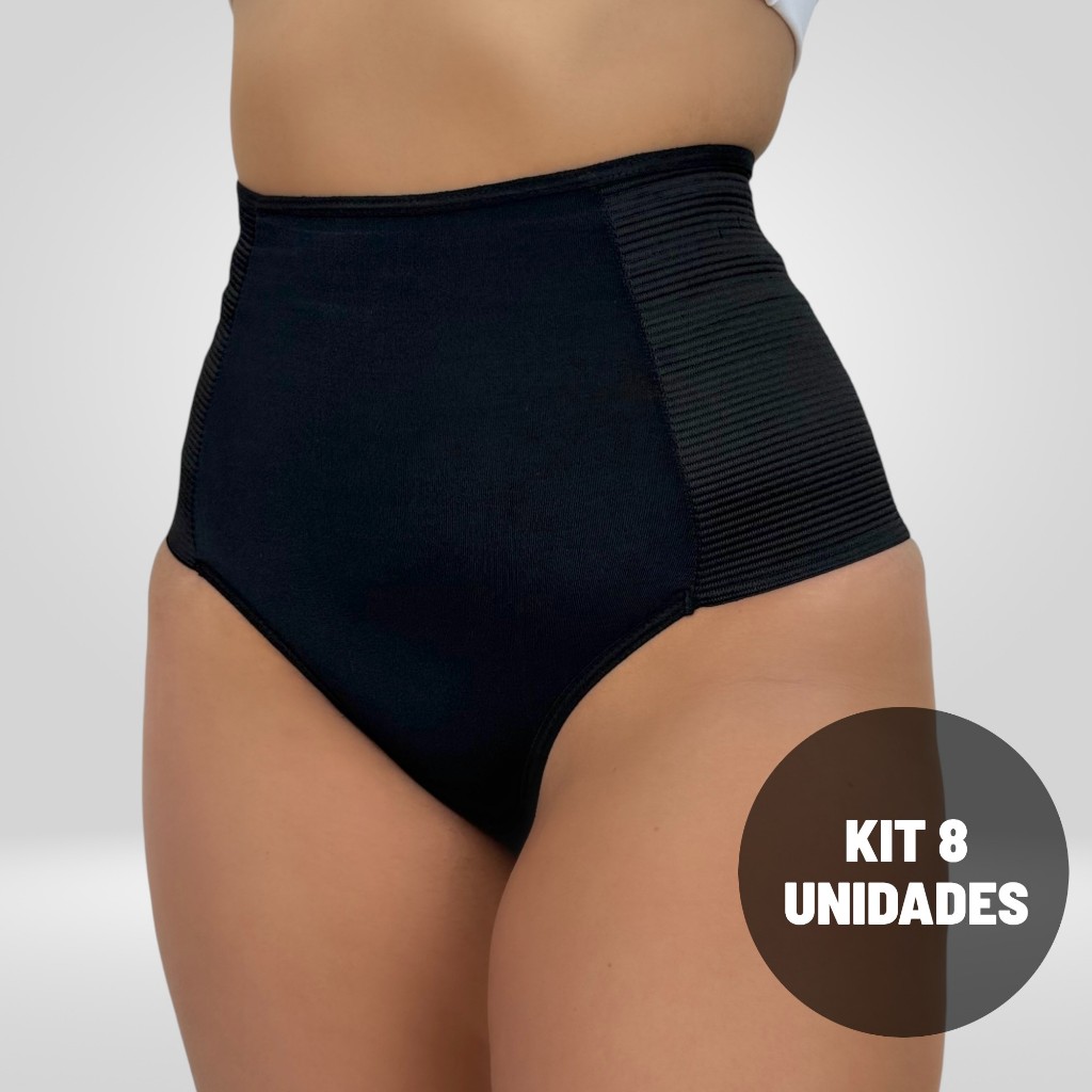 Kit 8 Calcinha Cinta Modeladora Hot Pant Feminina Cós Alto Forro 100% Algodão Confortável Lingerie Pós Parto