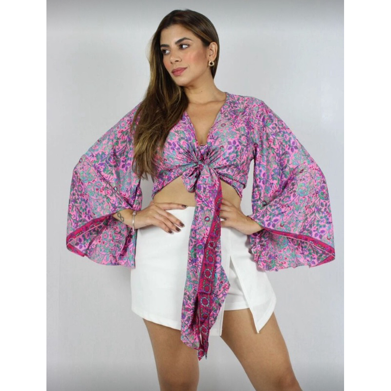 Cropped Seda Indiana de Amarrar – Manga Longa Flare Boho Chic