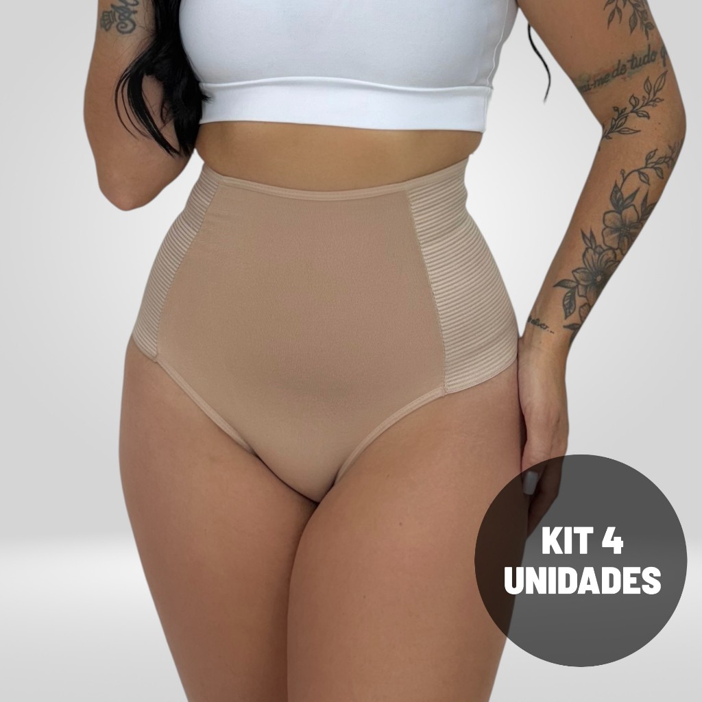 Kit 4 Calcinha Cinta Modeladora Hot Pant Pós Parto Feminina Cós Alto com Forro 100% AlgodãoConfortável Lingerie
