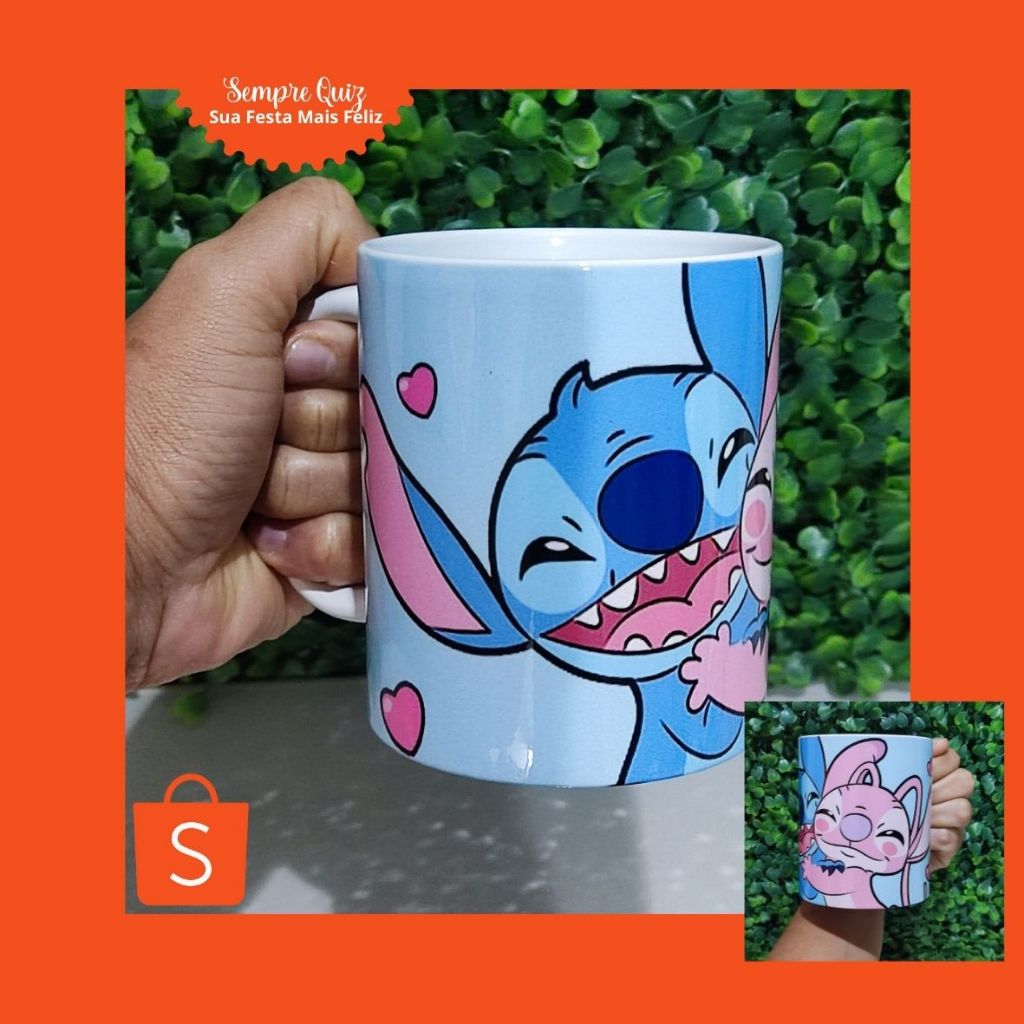 Caneca de porcelana stitch e angel