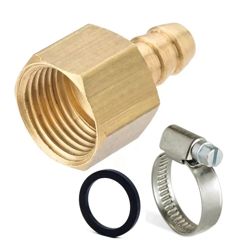 Bico Espigão para Gás GN 1/2 Fêmea x 3/8 com Abraçadeira e Vedação – Adaptador Latão