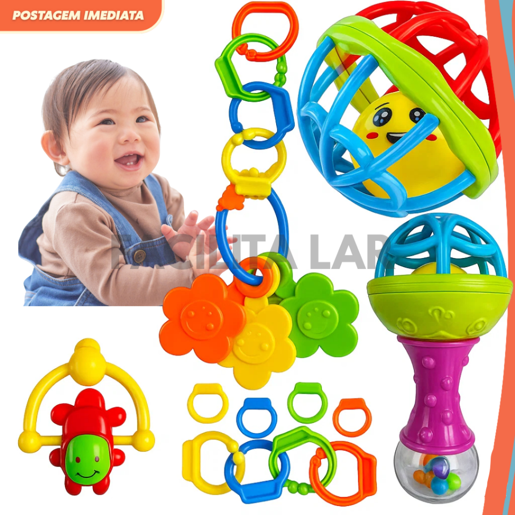 Kit 8 Peças Chocalho Mordedor Bebê Sensorial Silicone Brinquedo Educativo Colorido em Oferta na Shopee