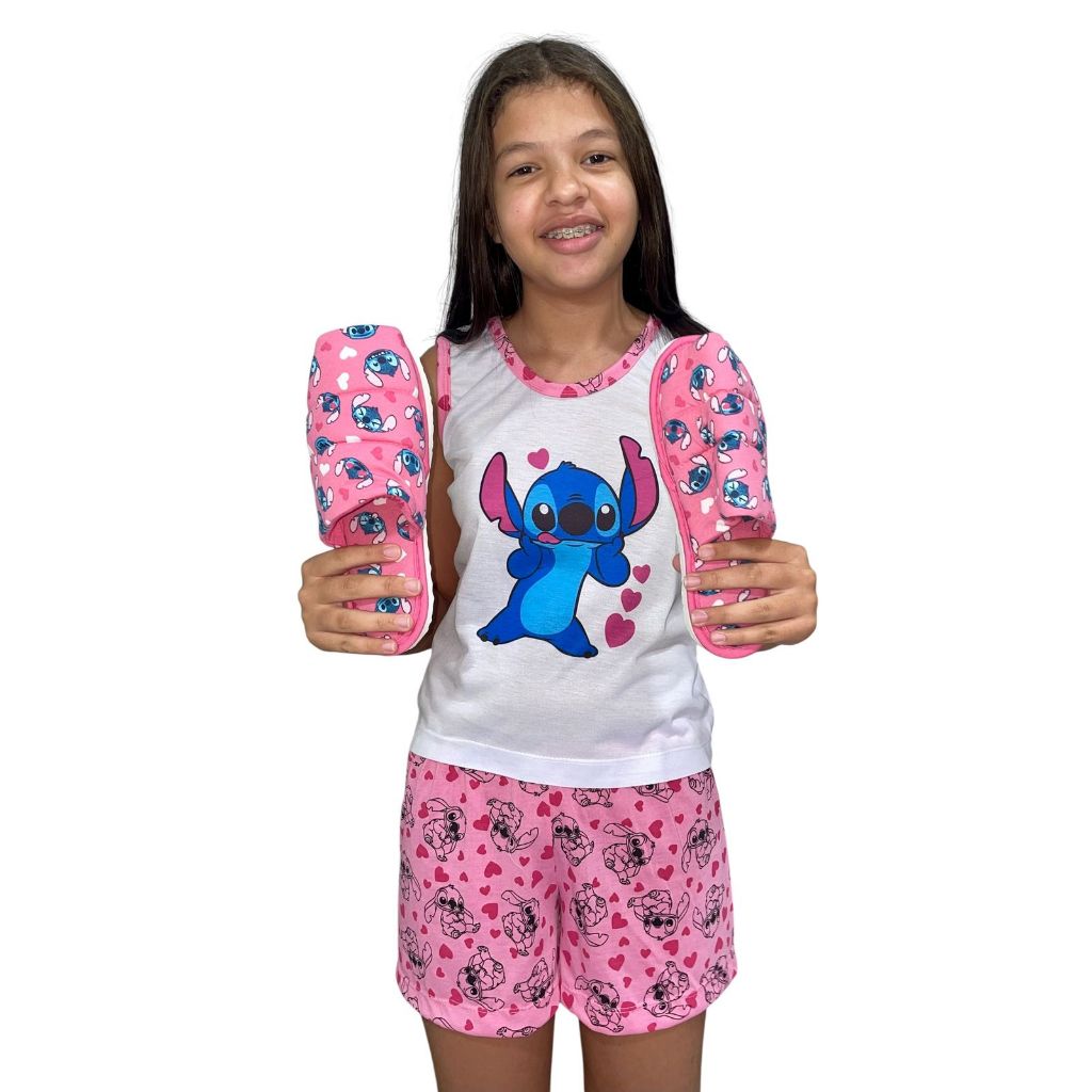 kit short doll regata infantil+pantufa verao personagens blogueira stitch pijama baby doll feminino