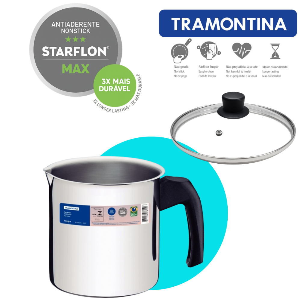 Fervedor Leiteira Tramontina Aço Inox Allegra Com Tampa Vidro Temperado 12Cm 1,4L em Oferta na Shopee