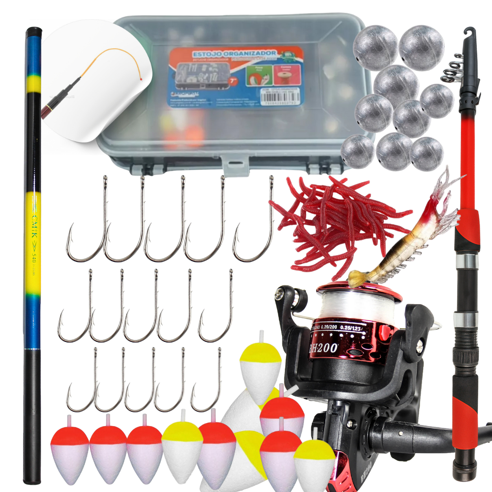 Kit Completo de Pesca – Vara Telescópica Vara para Molinete, Molinete 200, Estojo com Anzóis, Boias, Chumbadas e Iscas