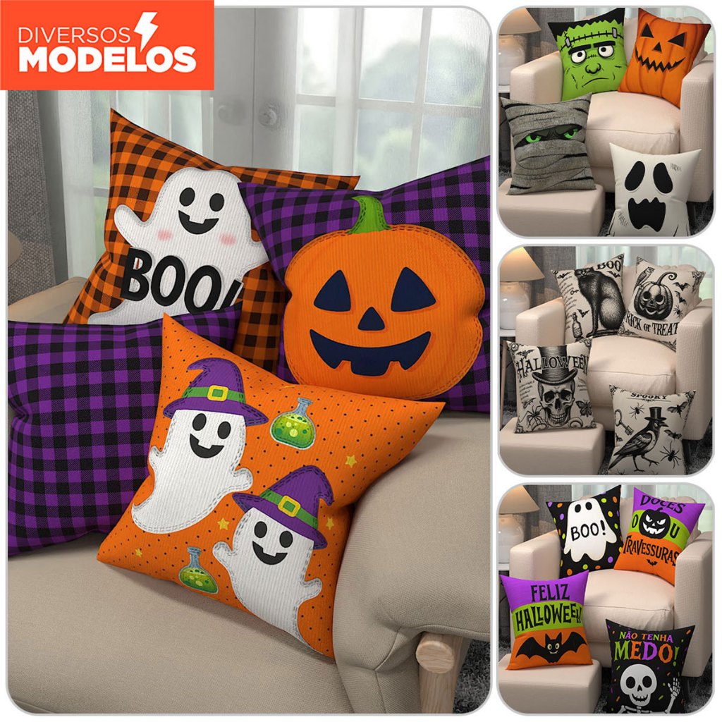 Kit 4 Capas de Almofada 45x45cm Decoração de Halloween para Casa Em Tecido Estampadas em Oferta na Shopee