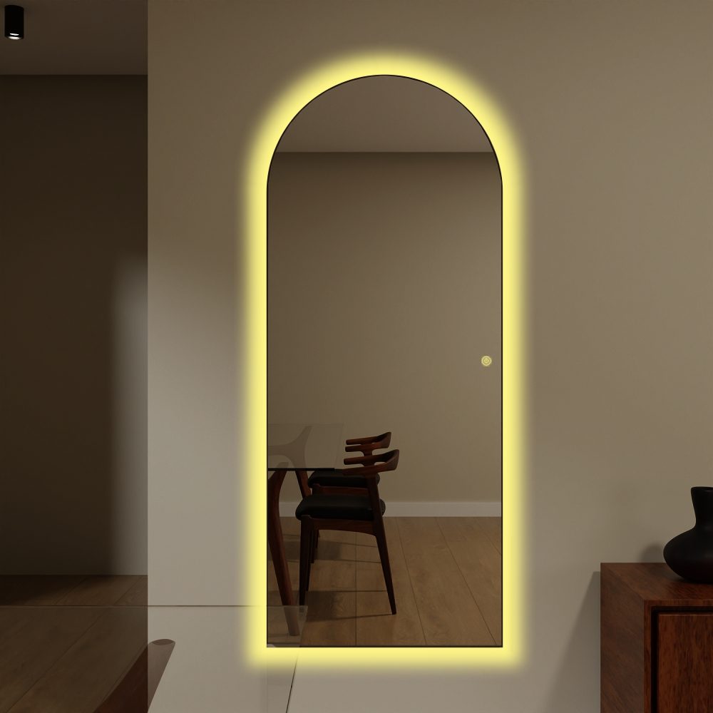Espelho Janela Led Moldura Couro Touch Bivolt 3 TONS DE LED Quente Frio Neutro Moderno Sala Quarto Banheiro Hall