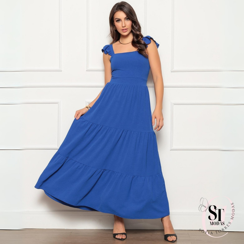 Vestido Longo Feminino Elegante Luxo 3 Maria com Babada na Manga e Lastex na Costa Festa Verão 2026