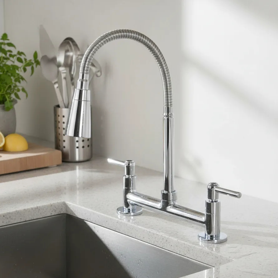 Torneira Misturador Cozinha Mesa Bancada Tubo Conic Flexível Cromado Duplo Jato Luxo em Oferta na Shopee