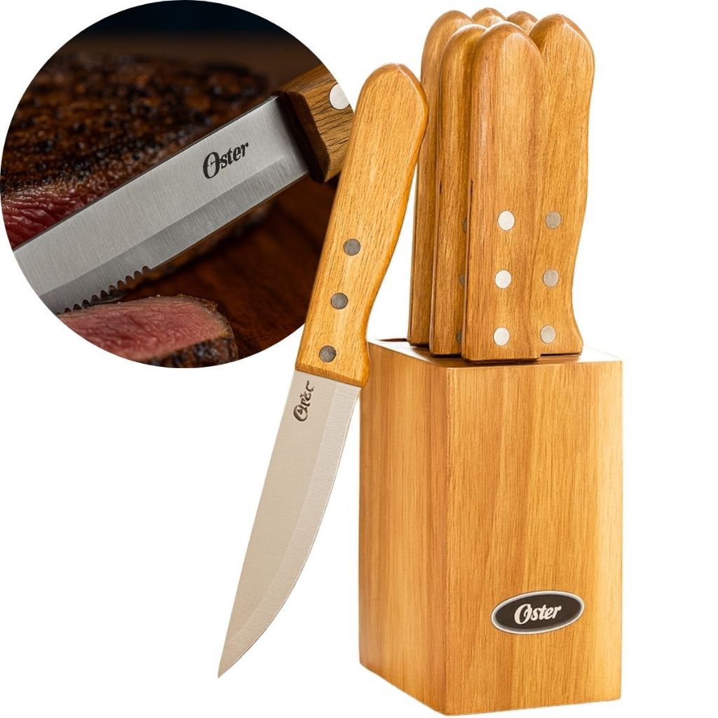 Kit De Facas Aço Inox Oster 7 Peças Para Churrasco Cepo De Madeira Hersden