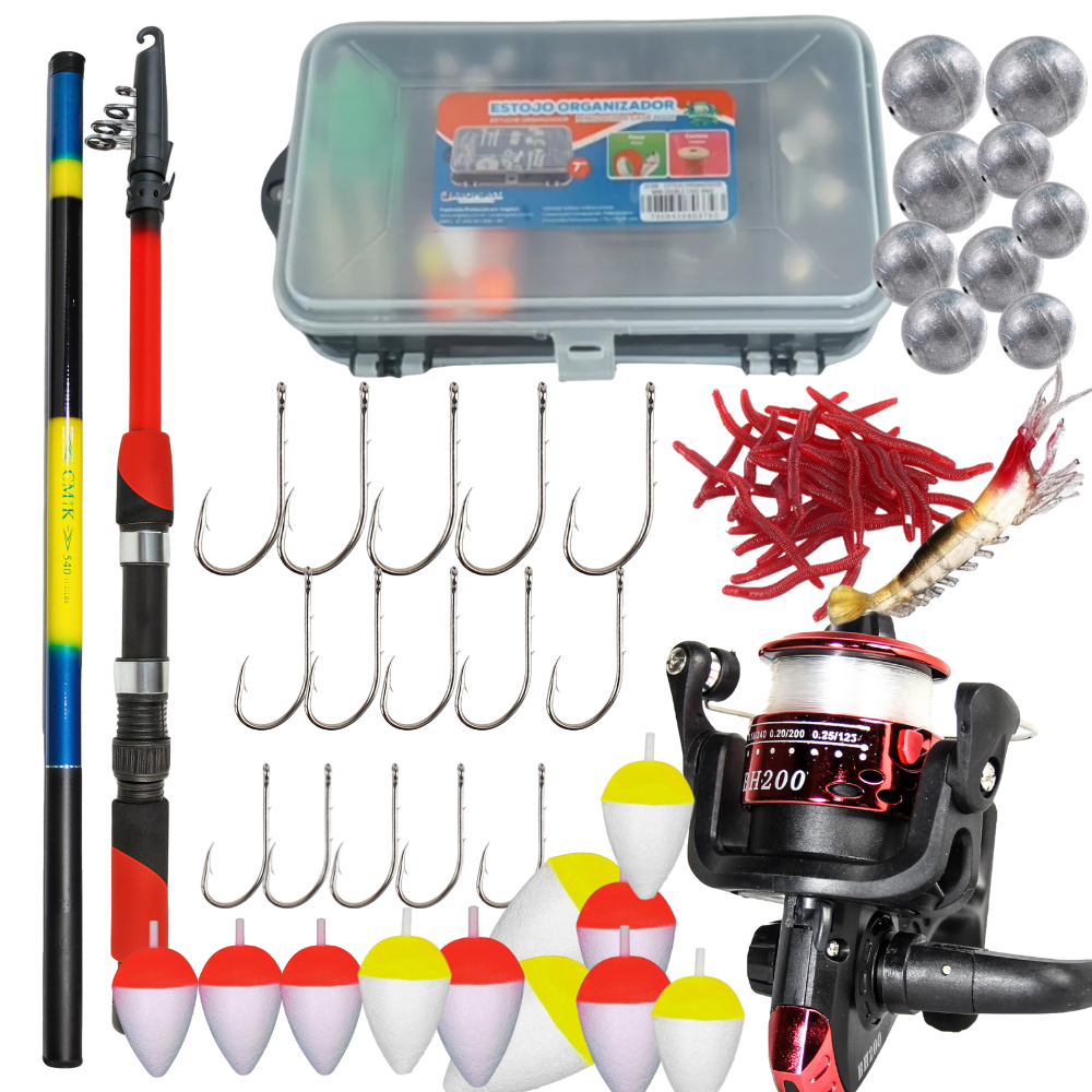 Kit Pesca com Vara 1 Telescópica, 1 Vara Molinete 1 Molinete 200, Boias, Anzóis, Chumbadas e Estojo Completo